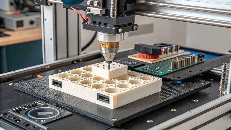 A 3D printer creating a small plastic mold for prototyping