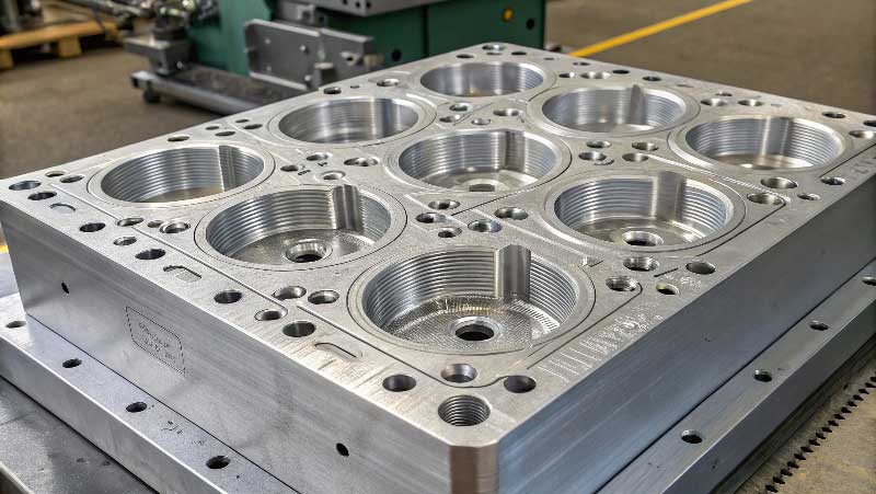 A close-up of a complex, multi-cavity steel mold showing intricate details
