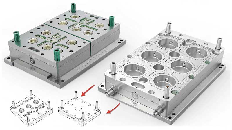 A diagram showing a simple, single-cavity mold vs. a complex, multi-cavity mold