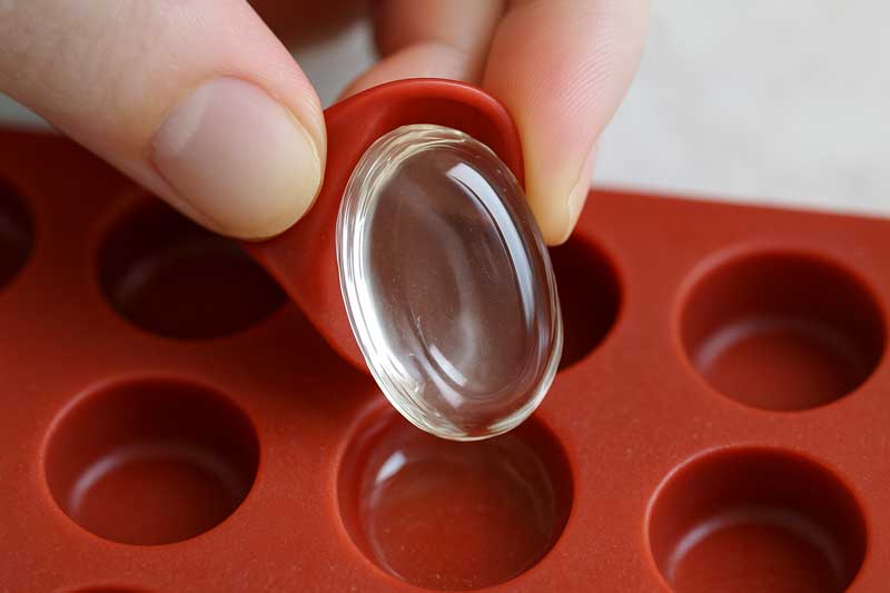 A close-up of a perfectly clear, glossy hard candy being easily popped out of a clean silicone mold.
