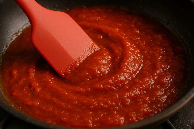 A close-up shot of a red silicone spatula stirring tomato sauce in a hot pan, showing no signs of degradation.