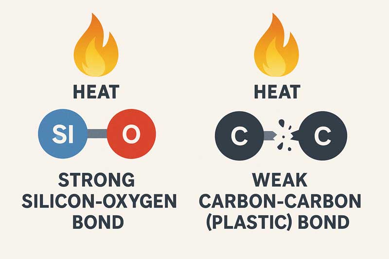 A graphic showing a strong silicon-oxygen molecular bond resisting heat, next to a weak carbon-carbon plastic bond breaking apart.