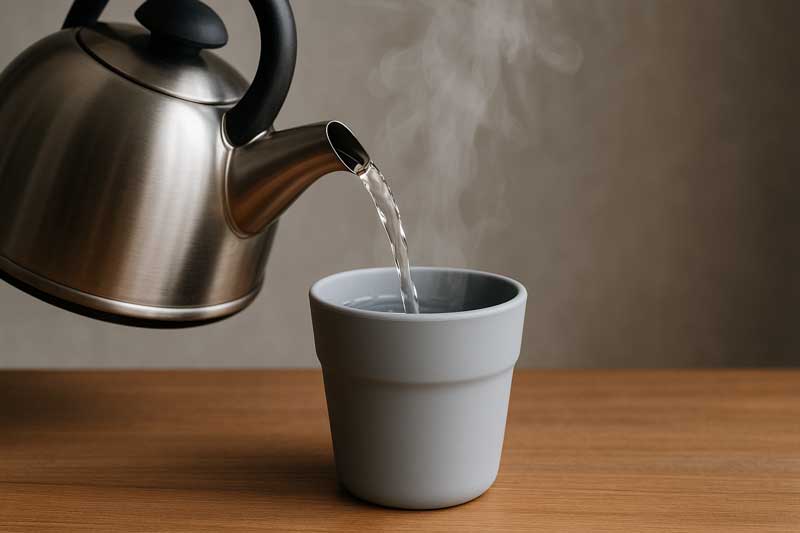 A kettle pouring steaming hot water into a silicone cup, which shows no signs of warping or distress.