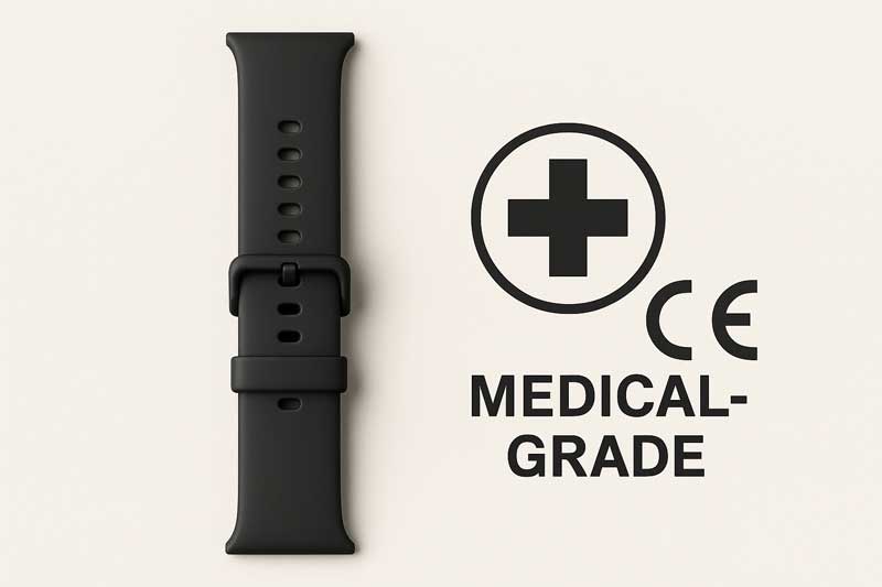 A medical-grade silicone watch band with a compliance certification symbol next to it.