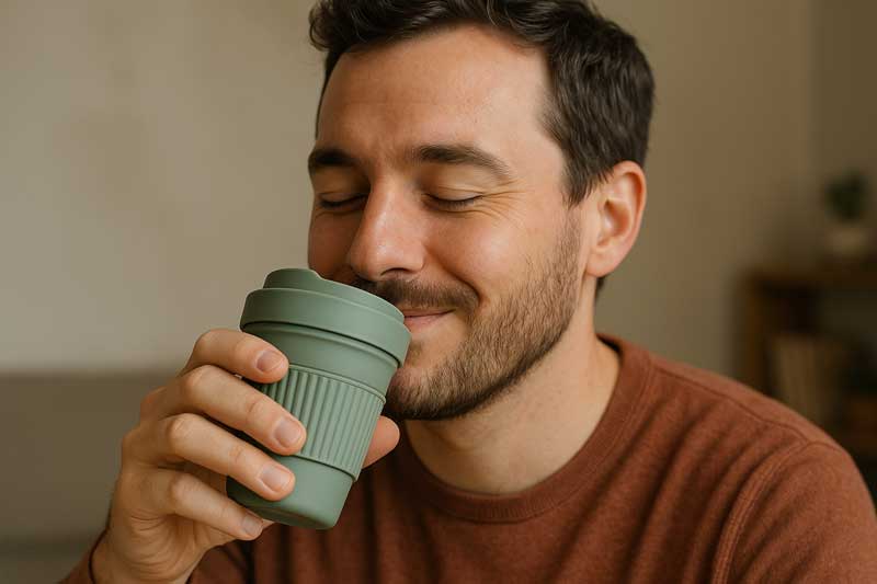 A person enjoying a cup of coffee from a silicone cup, with a look of satisfaction.