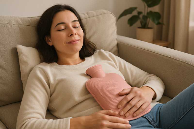 A person relaxing comfortably on a couch with a silicone hot water bag on their stomach, conveying a sense of total safety and well-being.