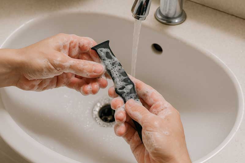 A person washing their silicone watch band with soap and water at a sink.