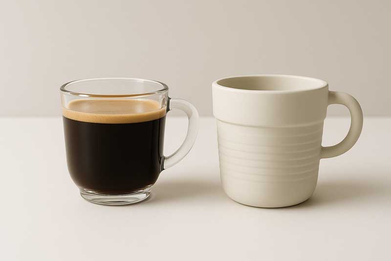 A pristine glass cup and a clean silicone cup standing side-by-side, representing the top two safest choices for coffee.