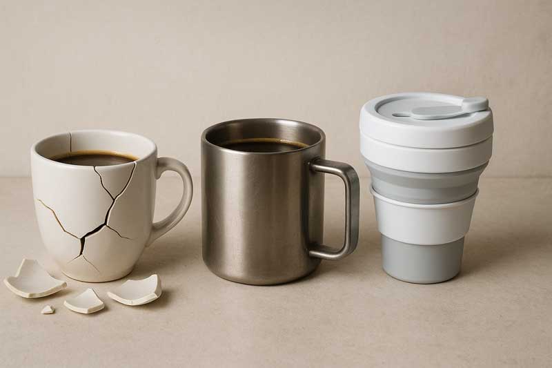 A set of different coffee cups: a shattered ceramic one, a heavy steel one, and a lightweight, collapsible silicone one.