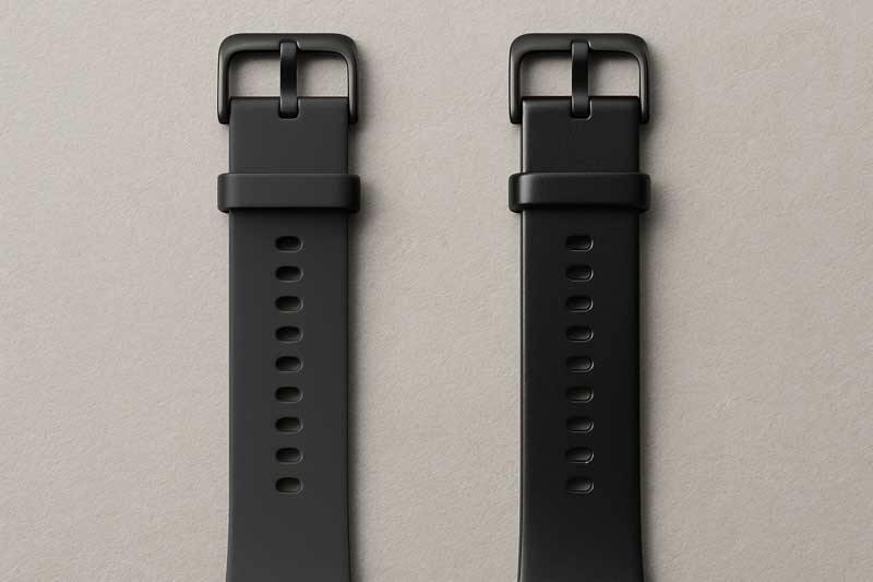 A side-by-side comparison of a matte silicone watch strap and a slightly shinier rubber strap.