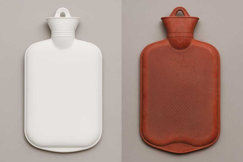 A side-by-side comparison of a sleek, white silicone hot water bag and an old, faded, and cracking red rubber bag.