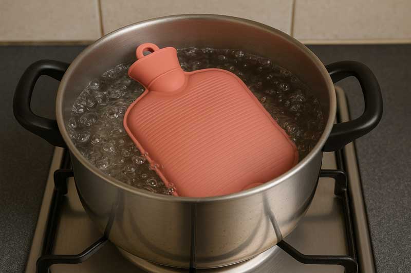 A silicone hot water bag submerged in a pot of boiling water on a stove, demonstrating its extreme resilience without any change.