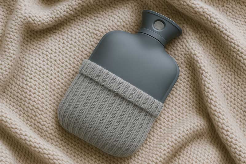 A sleek, modern silicone hot water bag with a soft knitted cover, lying on a cozy blanket.