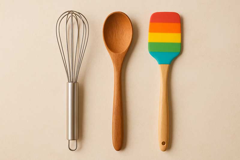 An arrangement of cooking utensils: a stainless steel whisk, a wooden spoon, and a colorful silicone spatula.