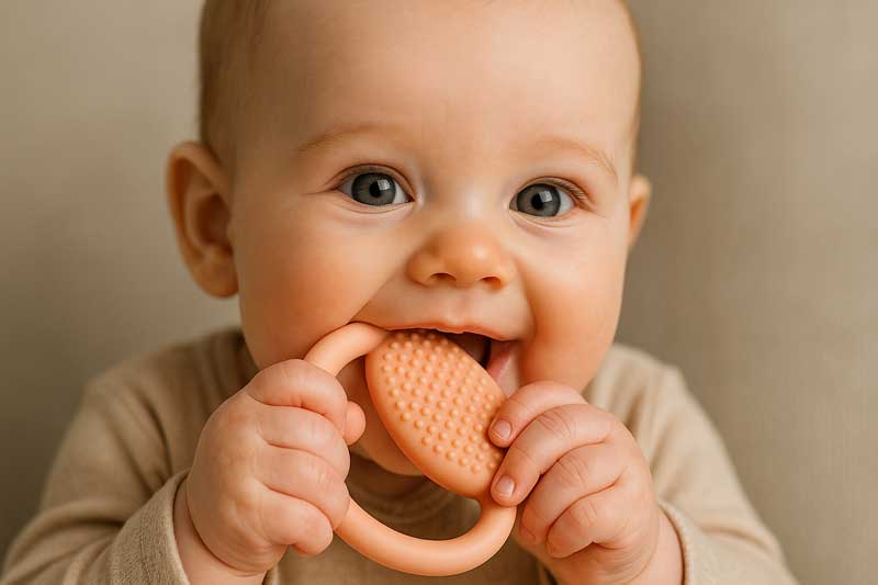 A baby happily chewing on a textured silicone teether, with a close-up showing the soft yet durable material.