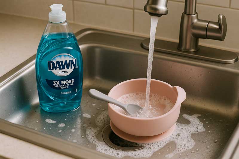 A bottle of Dawn dish soap next to a silicone baby bowl being washed in a sink.