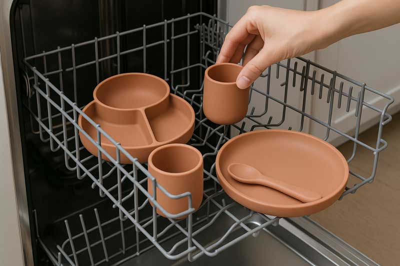 A complete silicone dinnerware set being placed on the top rack of a dishwasher, showing its durability and convenience.