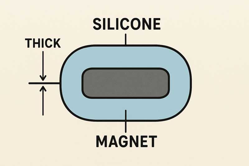 A cross-section diagram showing a magnet securely sealed within a thick, seamless layer of silicone.