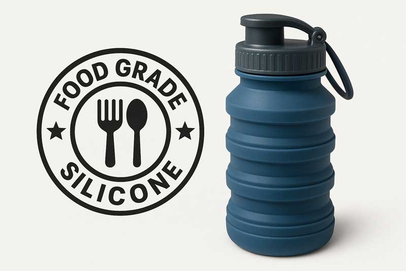 A graphic showing a food-grade silicone certification seal next to a collapsible water bottle.