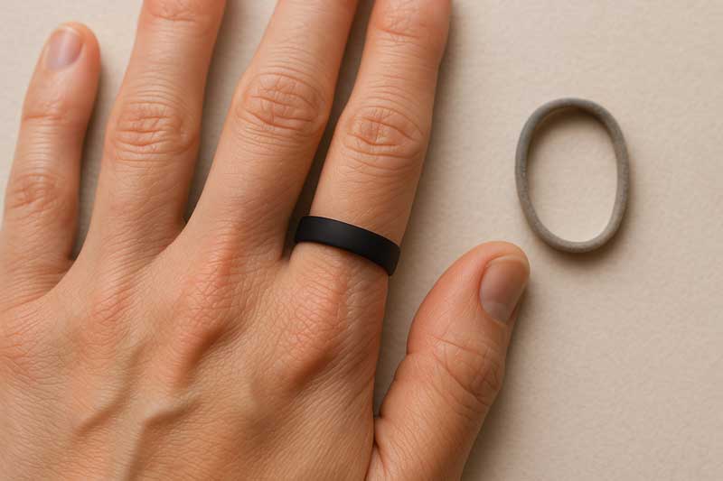 A hand showing a perfectly fitted silicone ring after years of use, next to a stretched-out, faded cheap one.