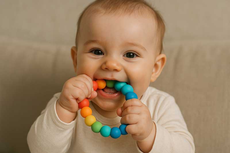 A happy baby safely chewing on a colorful, certified food-grade silicone teething ring made of beads.