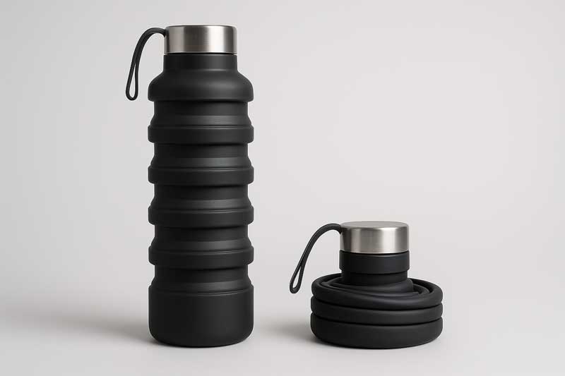 A high-quality, sleek collapsible water bottle standing tall and then compressed flat next to it.