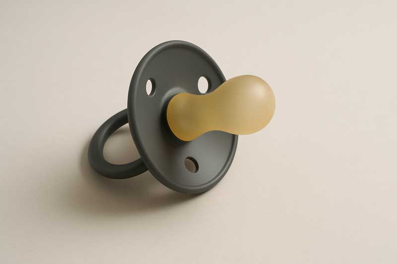 A neatly designed adult-sized pacifier resting on a calm, minimalist background.
