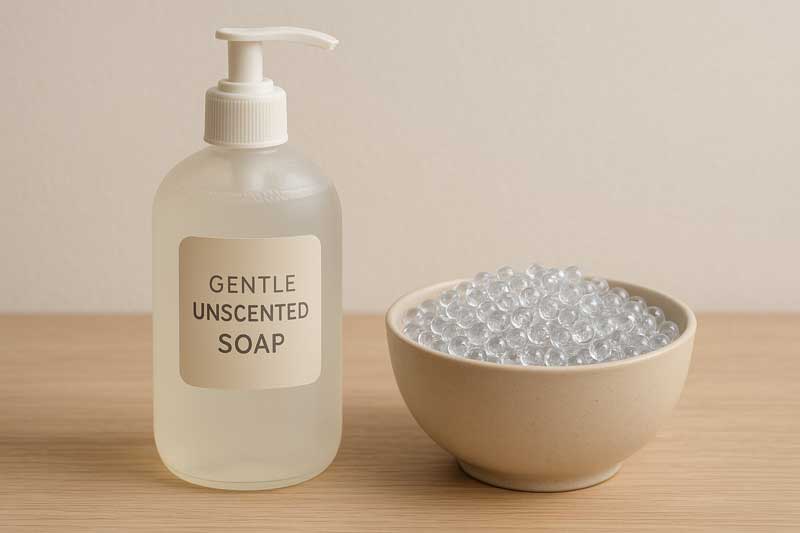 A bottle of gentle, unscented soap next to a bowl of clean, sparkling silicone beads.