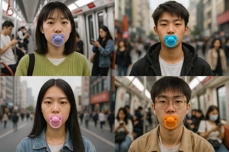 A photo collage showing young people in China wearing adult pacifiers in public settings like subways and streets.