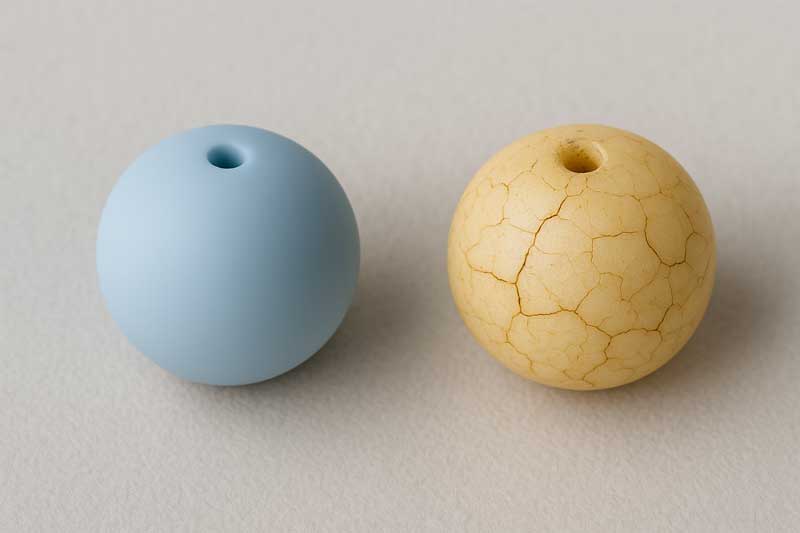 A pristine silicone bead shown next to a cracked and yellowed piece of low-quality plastic, highlighting silicone's superior longevity.