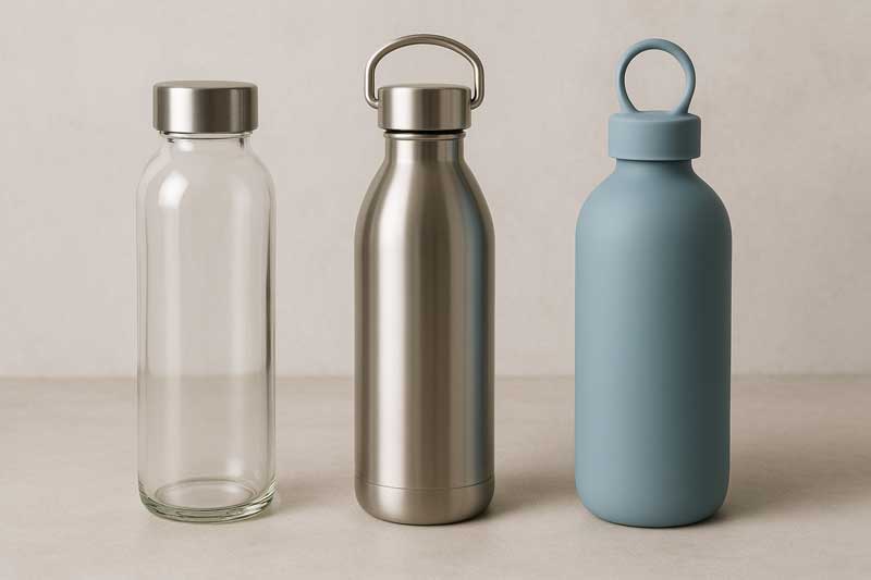 A side-by-side comparison of a glass bottle, a stainless steel bottle, and a silicone bottle.