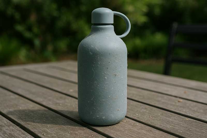A silicone bottle attracting a bit of dust and lint on an outdoor table.