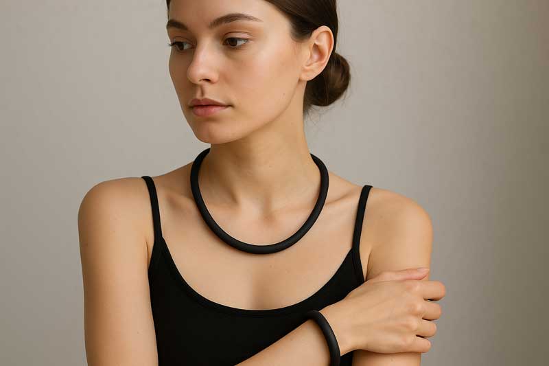 A stylish model wearing a matching set of black silicone jewelry—a minimalist bracelet and necklace.
