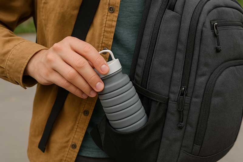 A traveler easily slipping a fully collapsed water bottle into a small pocket of their backpack.