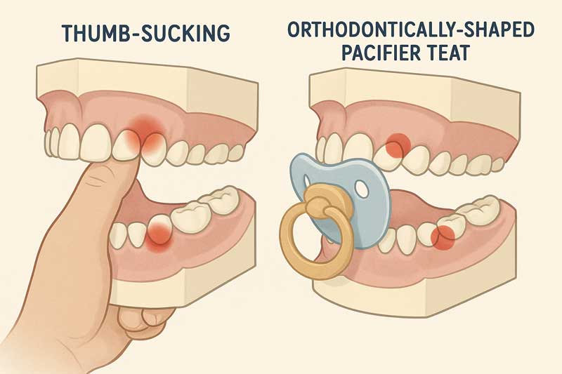 An illustration comparing the pressure points of thumb-sucking versus an orthodontically-shaped pacifier teat on a dental model.