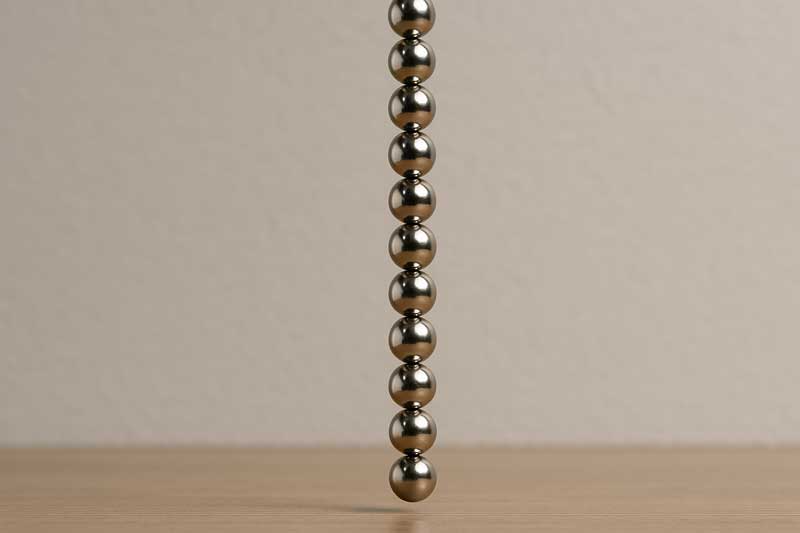 Several magnetic beads linked together and holding their own weight in a chain, demonstrating their strong magnetic force.