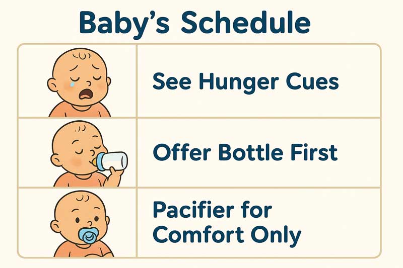 A chart showing a baby's schedule: "See Hunger Cues," "Offer Bottle First," "Pacifier for Comfort Only."