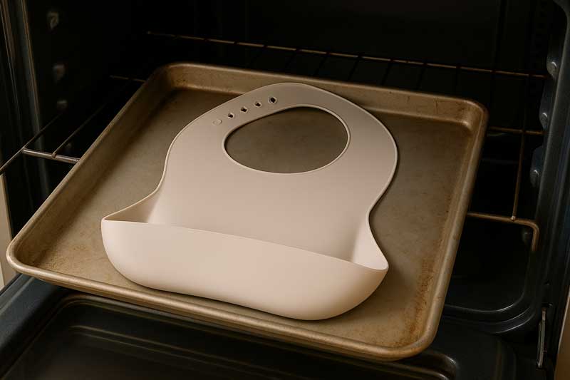 A clean silicone bib resting on a baking sheet, ready to be placed into an oven for deodorizing.