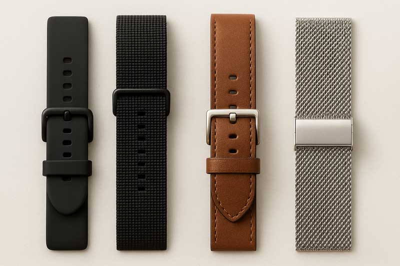 A collection of different watch bands displayed side-by-side: silicone, nylon, leather, and metal.