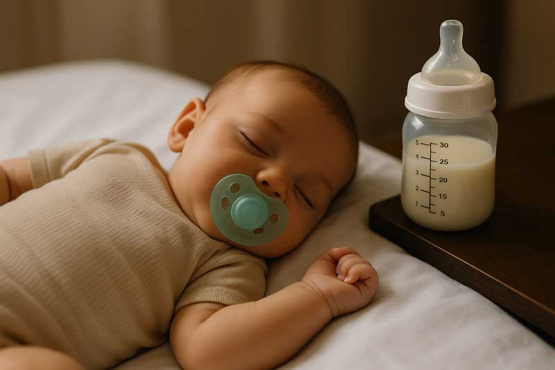 A content baby sleeping peacefully with a pacifier, next to a baby bottle on a nightstand.