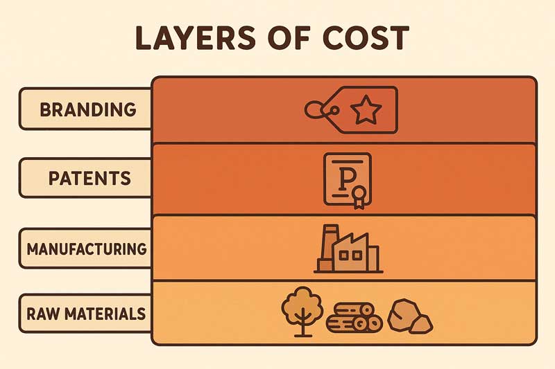 A detailed diagram showing the layers of cost: raw materials, manufacturing, patents, and branding.