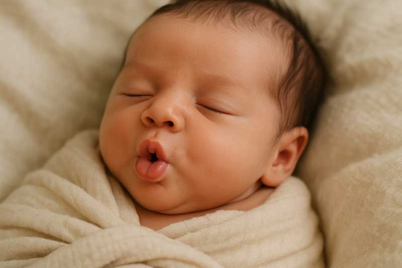 A newborn baby making sucking motions with their mouth while sleeping.