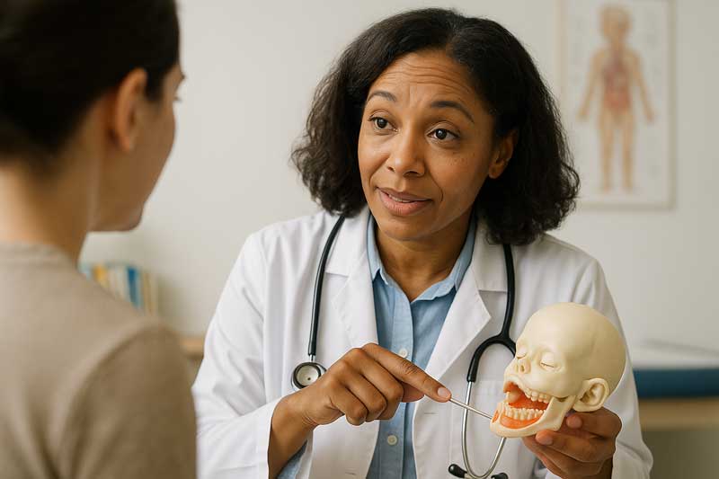 A pediatrician calmly talking to a parent and pointing to an anatomical model of a baby's jaw.