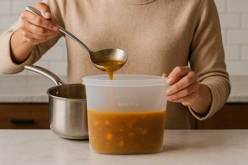 A person mindfully pouring soup into a silicone bag, stopping at a "max fill" line to allow for expansion.