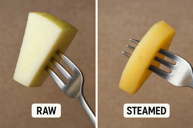 A side-by-side photo showing a hard, raw apple chunk versus a soft, steamed apple slice being easily pierced by a fork.