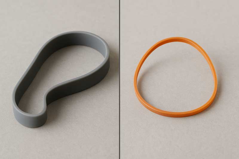 A split image showing the soft drape of a silicone band on one side and the stiffer shape of a rubber band on the other.