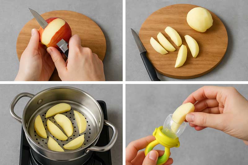 A step-by-step visual guide: peeling an apple, slicing it, steaming it in a pot, and finally placing a cooled slice into a fruit feeder.