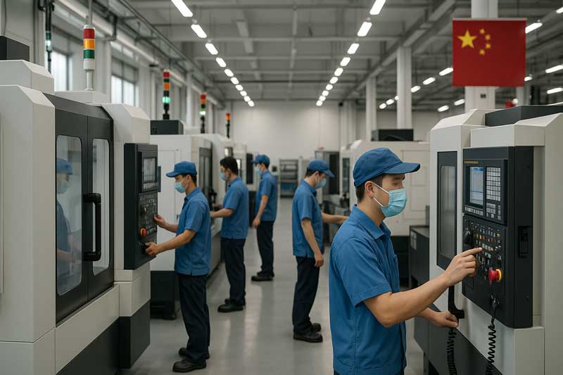 An image of a clean, modern, and well-lit factory floor in China where workers are managing advanced machinery.